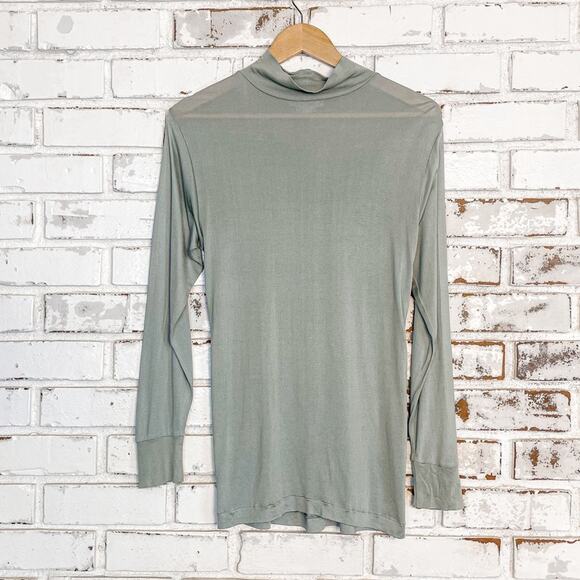 Vintage Tops - Vintage 90s Winter Silks Sheer Sage Green Mock Neck Long Sleeve Layering Top